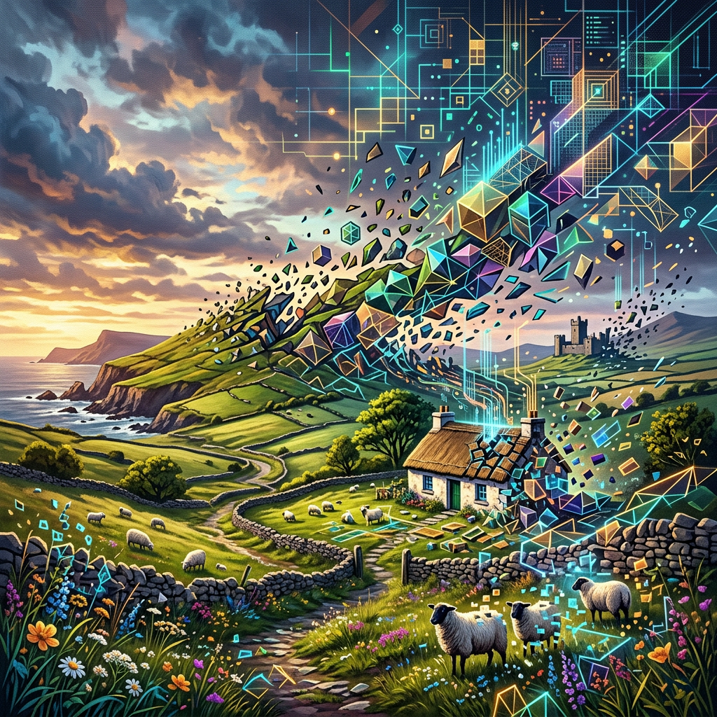 Countryside landscape with grass, sheep, cottage, and digital geometric shapes emerging.