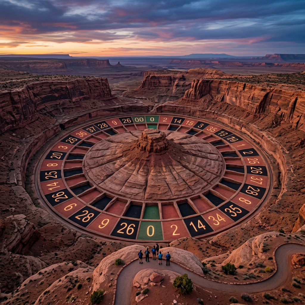 Huge roulette wheel embedded in desert canyon surrounded by cliffs with people watching