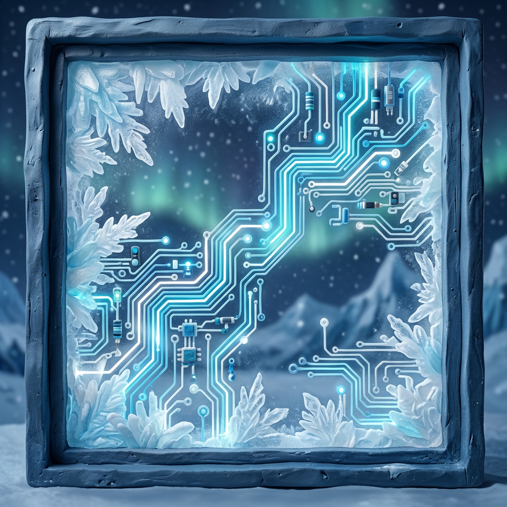 Circuit board with glowing blue lines and electronic components inside an icy frosted frame