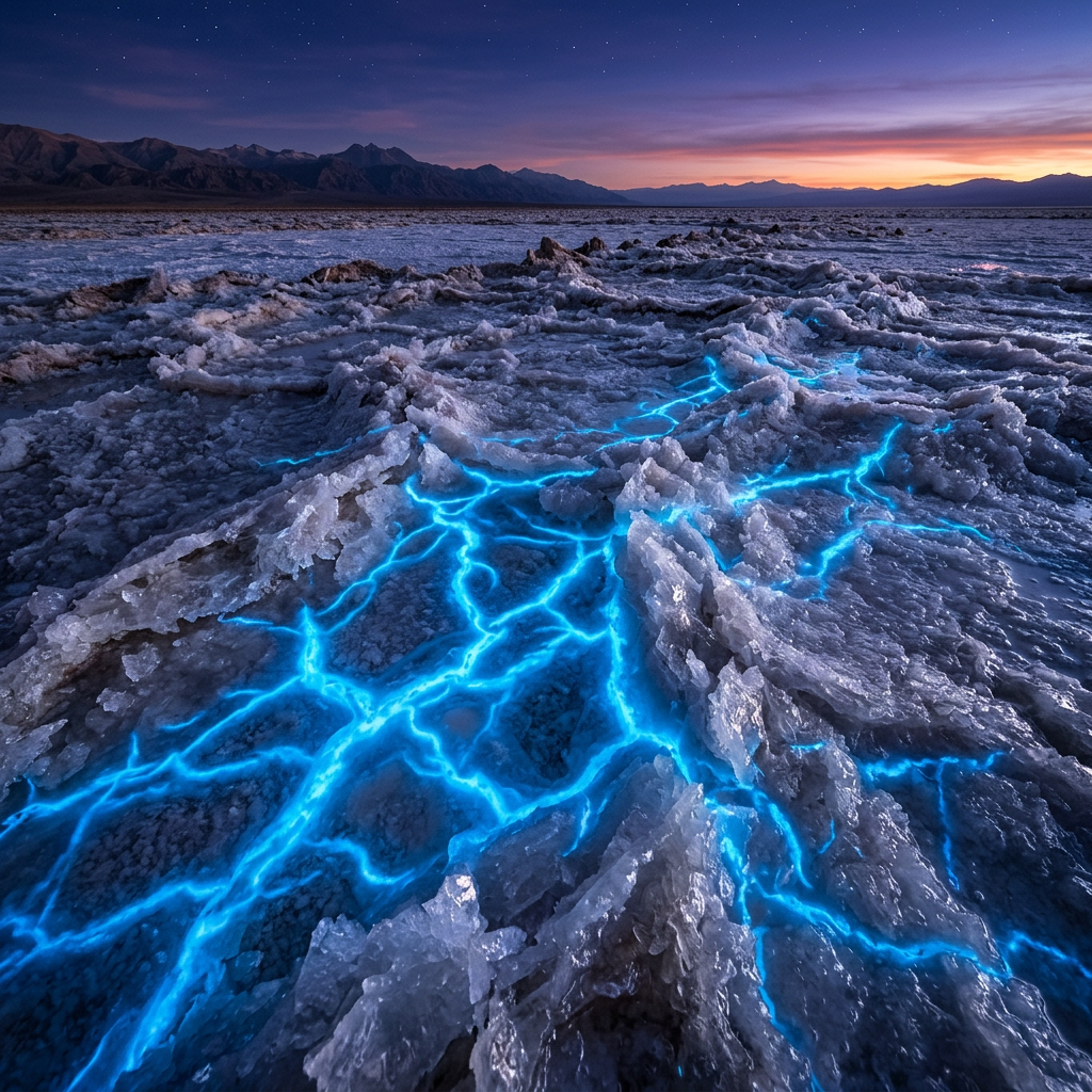Salt flat with glowing blue cracks and distant mountains at sunset