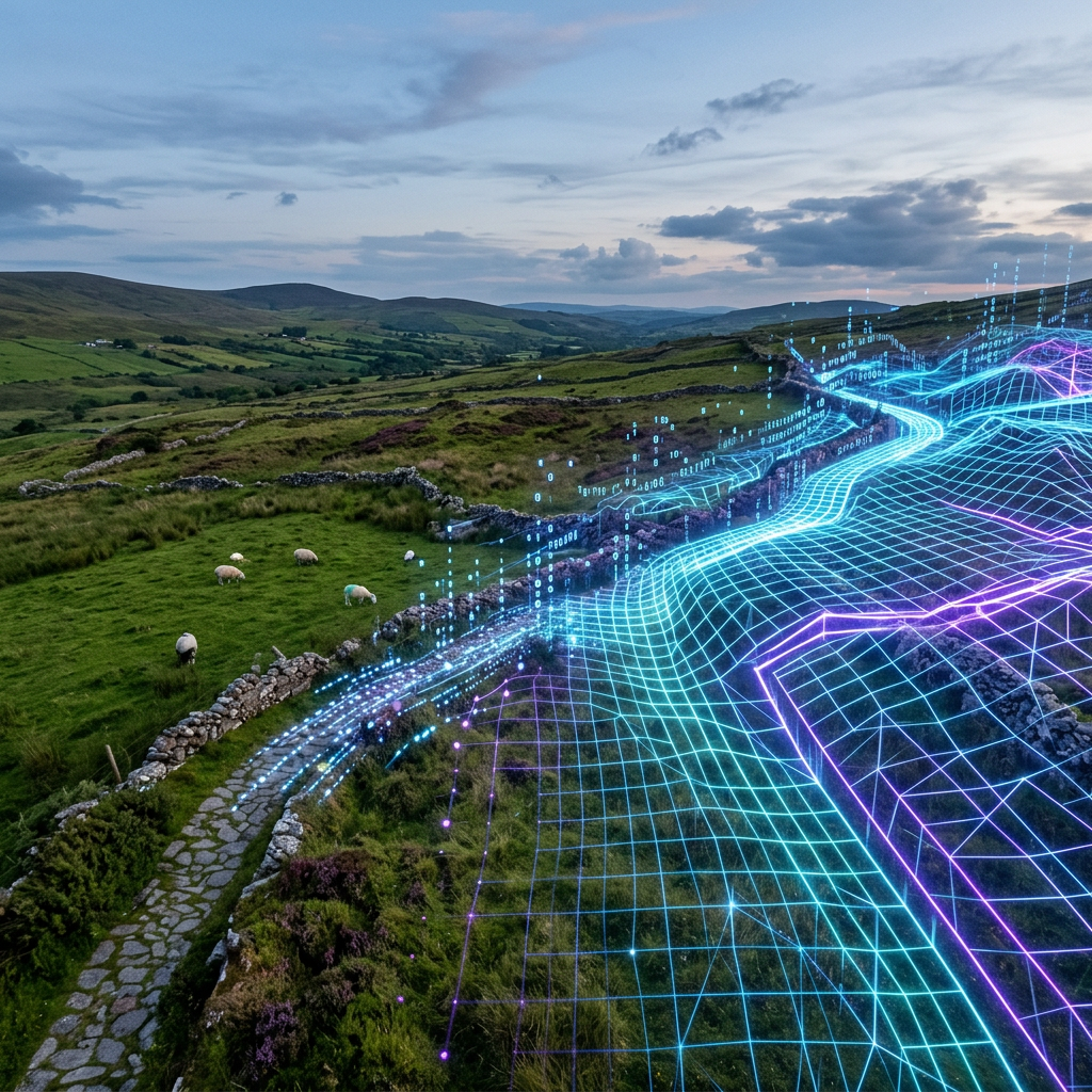 Rural landscape with stone walls and grazing sheep overlaid by a glowing digital terrain grid.