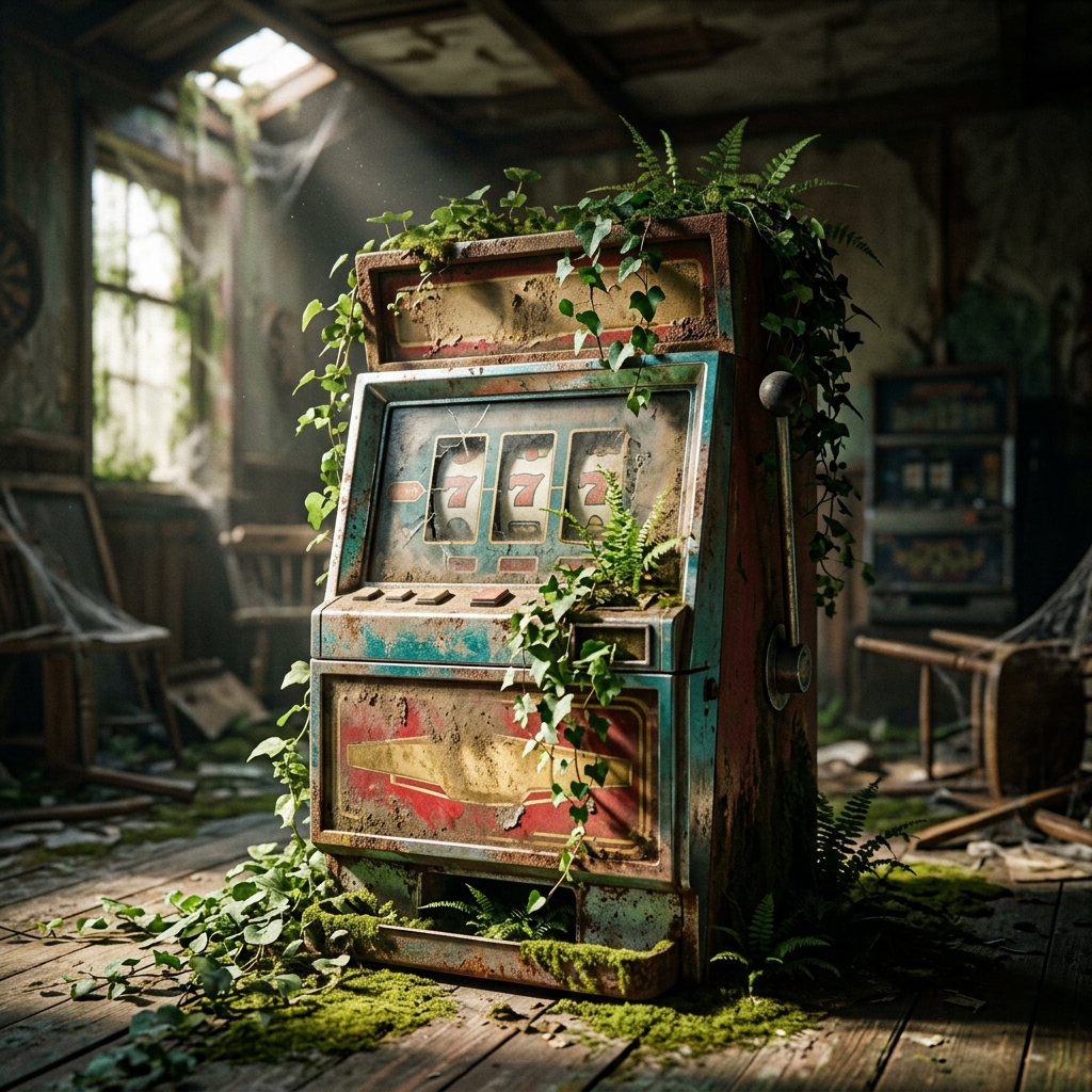 Rusty slot machine covered with vines and moss inside an abandoned building