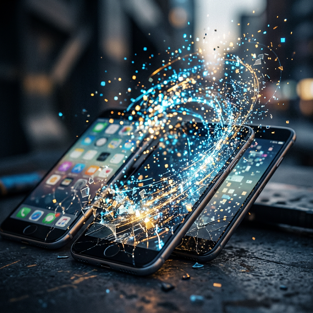 Three smartphones with cracked screens emitting swirling blue and gold digital particles