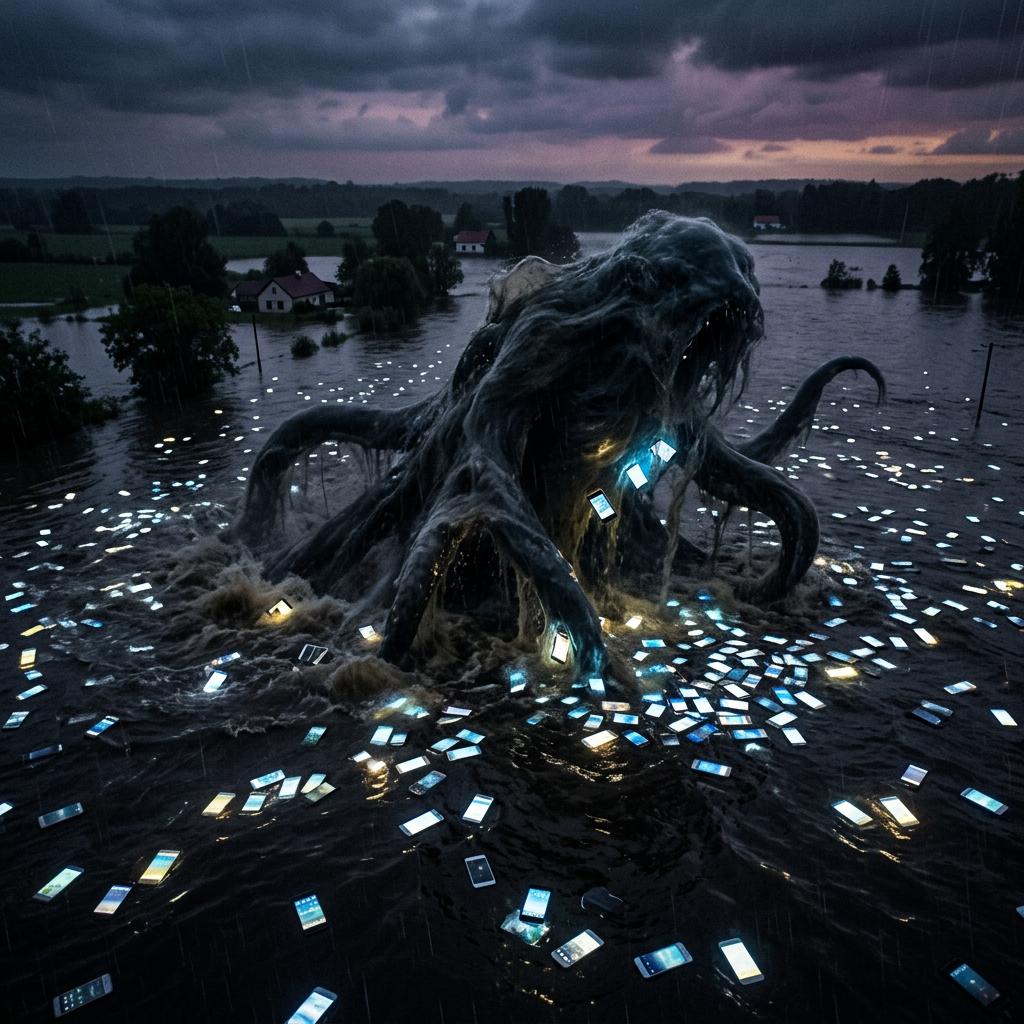Giant dark creature with tentacles emerging from floodwaters filled with glowing smartphones at night