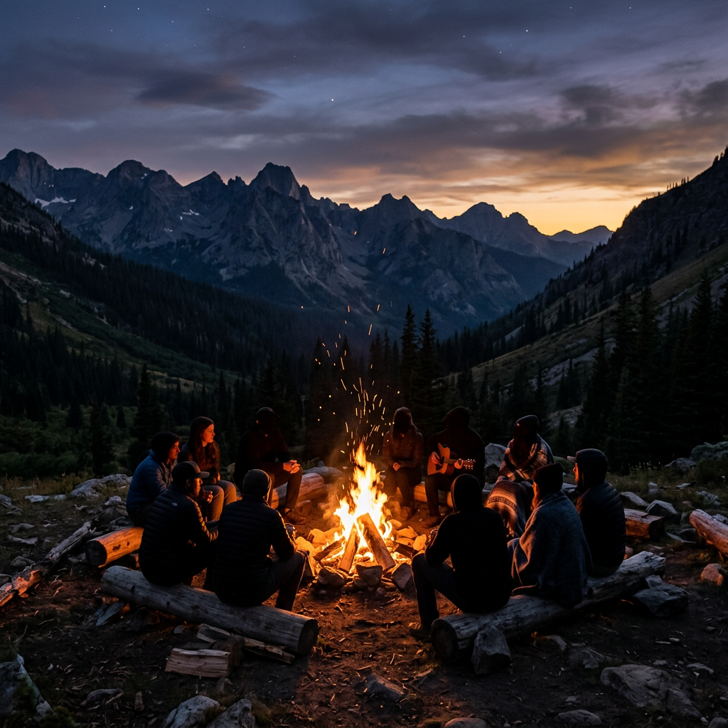 Group of people sitting around a campfire with mountainous sunset background