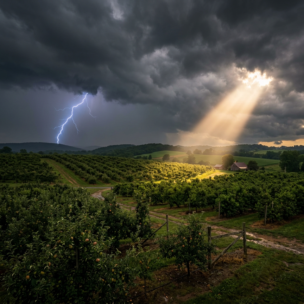 Lightning bolt over orchard with sun rays breaking through storm clouds on farmhouse