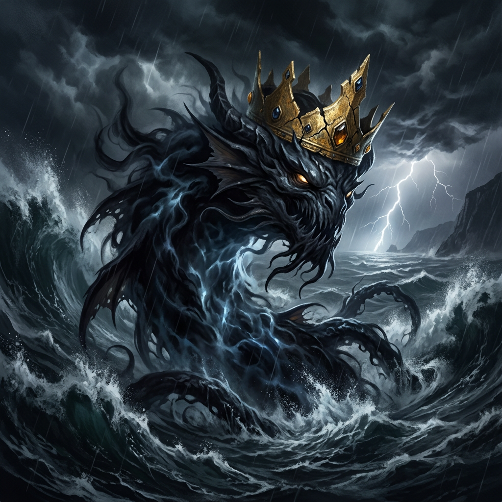 Dark sea monster with glowing eyes and golden crown emerging from rough ocean water during a storm