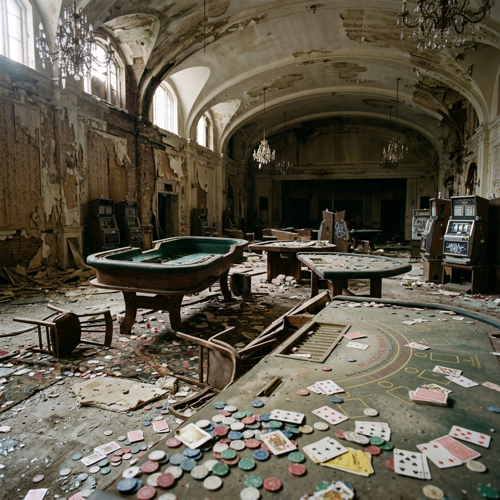 Abandoned casino interior with poker tables, chips, cards, and slot machines in disrepair