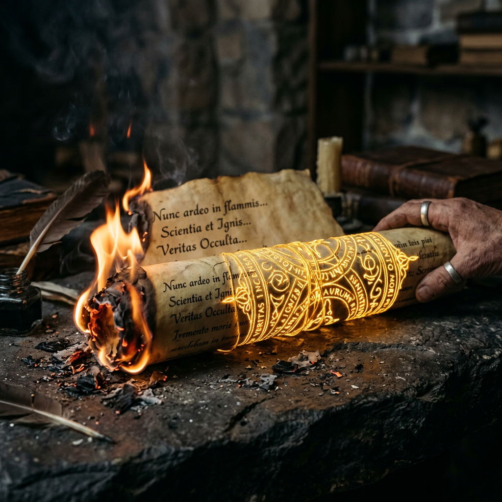 Burning ancient scroll with glowing magical symbols held by a hand