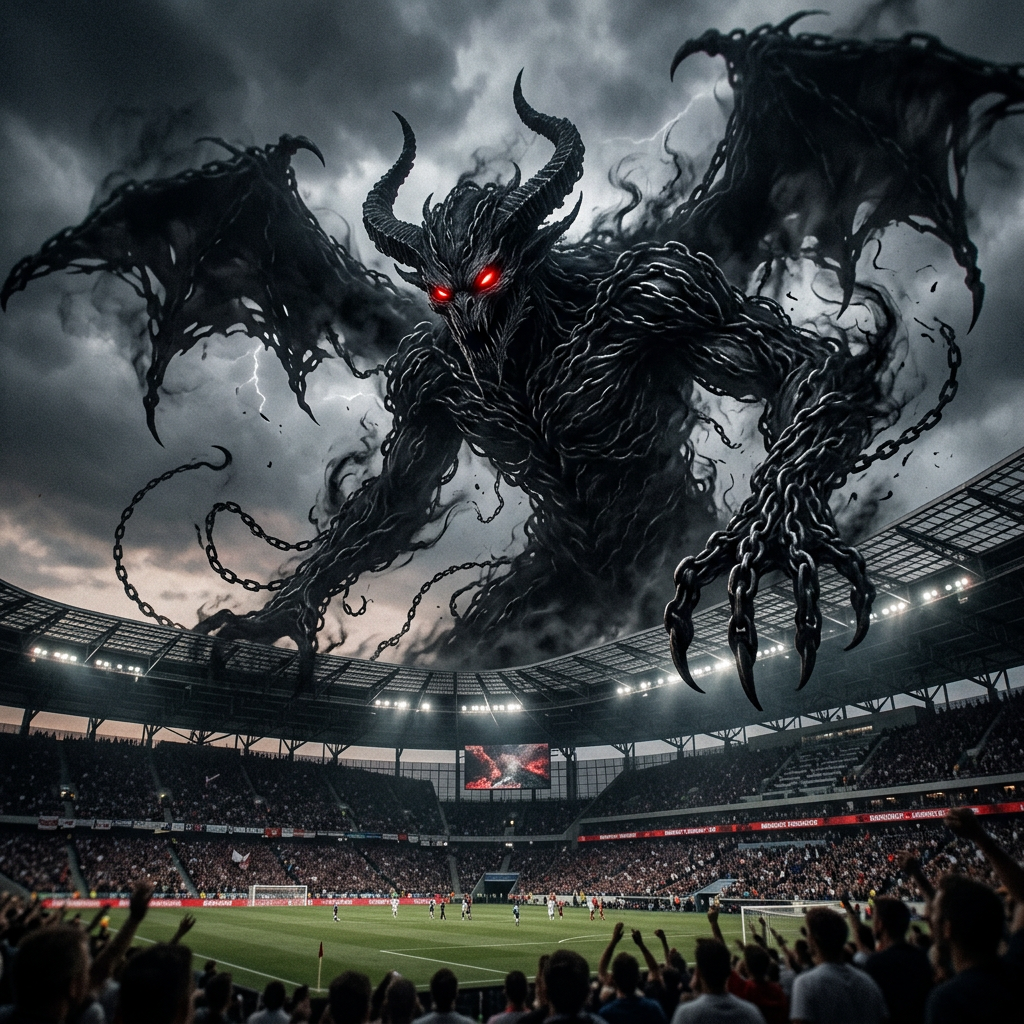 Dark horned demon with glowing red eyes and tattered wings hovering over a soccer stadium filled with spectators