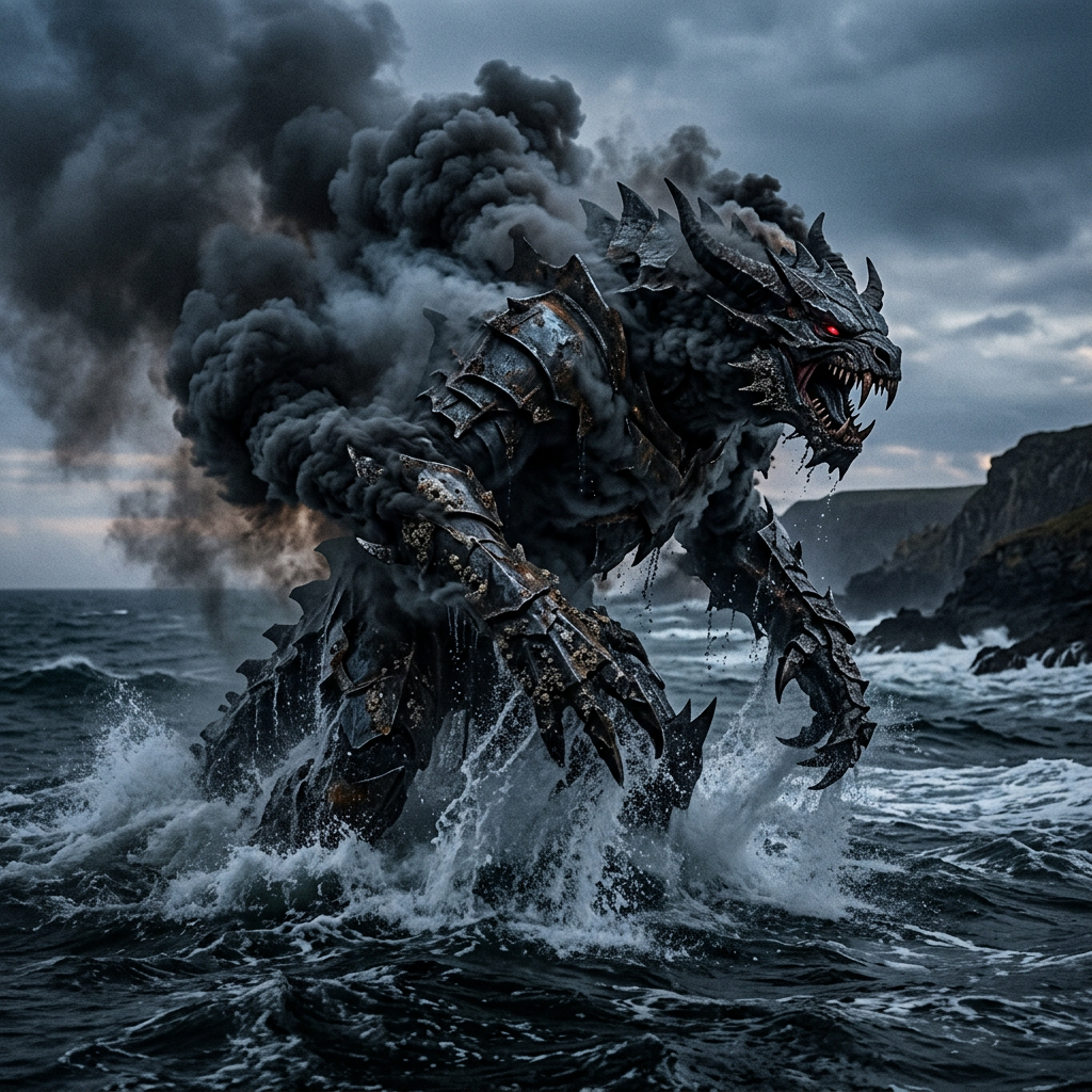 A large monstrous creature with armor and red glowing eyes emerging from ocean water, surrounded by dark smoke and waves crashing