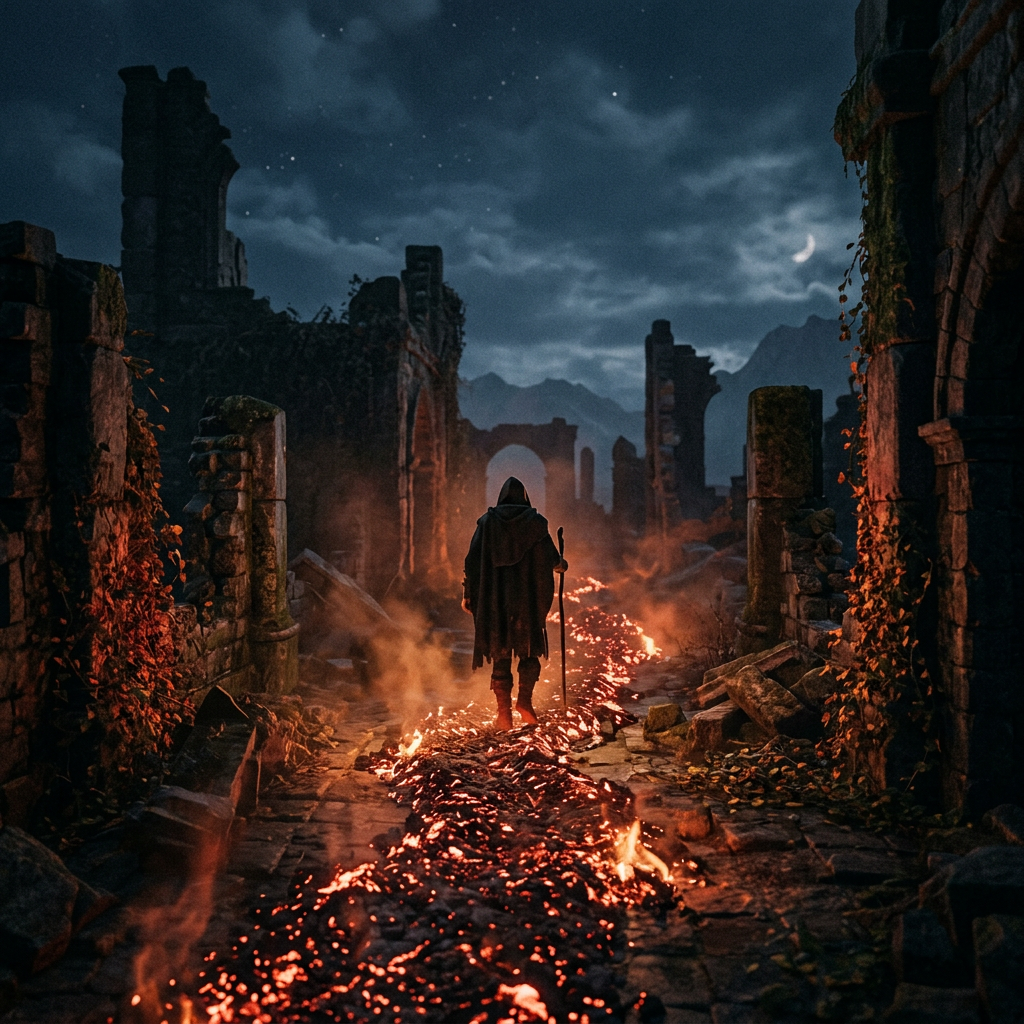 Figure in cloak walking on burning path through ancient ruins at night