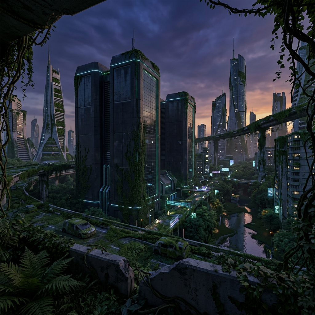 Futuristic cityscape with tall buildings covered in greenery, overgrown vegetation, abandoned cars, and a river at dusk.
