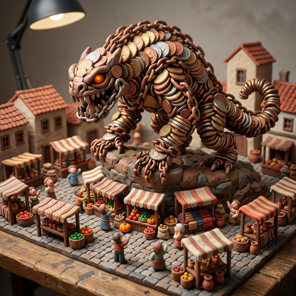 Dragon sculpture composed of coins and chains standing on a stone platform above a miniature market with small clay buildings and figures.