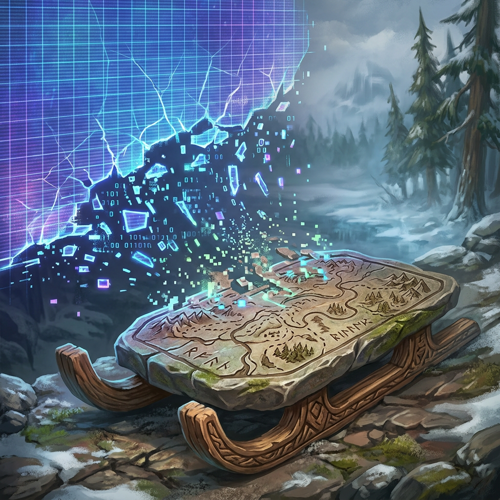 Ancient stone map on wooden sled transforming into digital data pixels