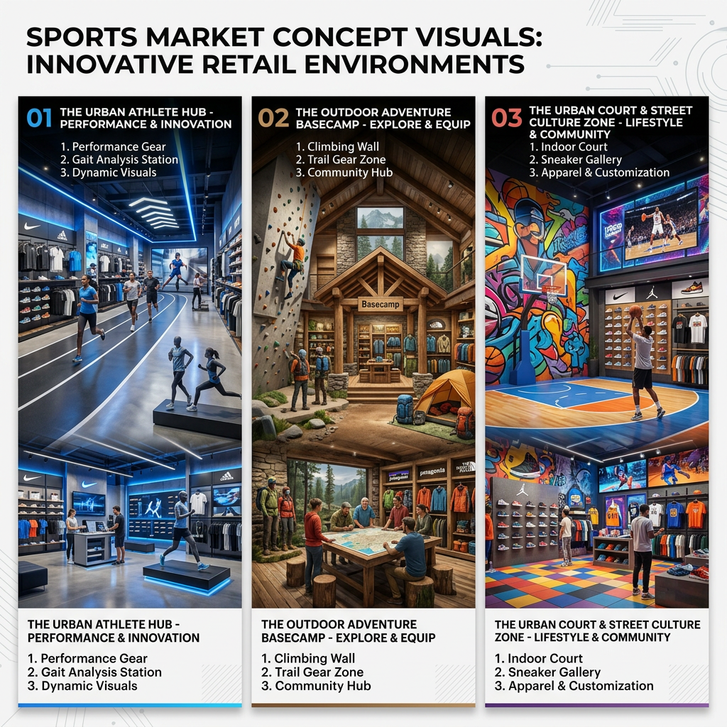 Three sports retail concept zones: performance hub with running track and gear, outdoor adventure basecamp with climbing wall, and urban court with basketball and sneaker gallery