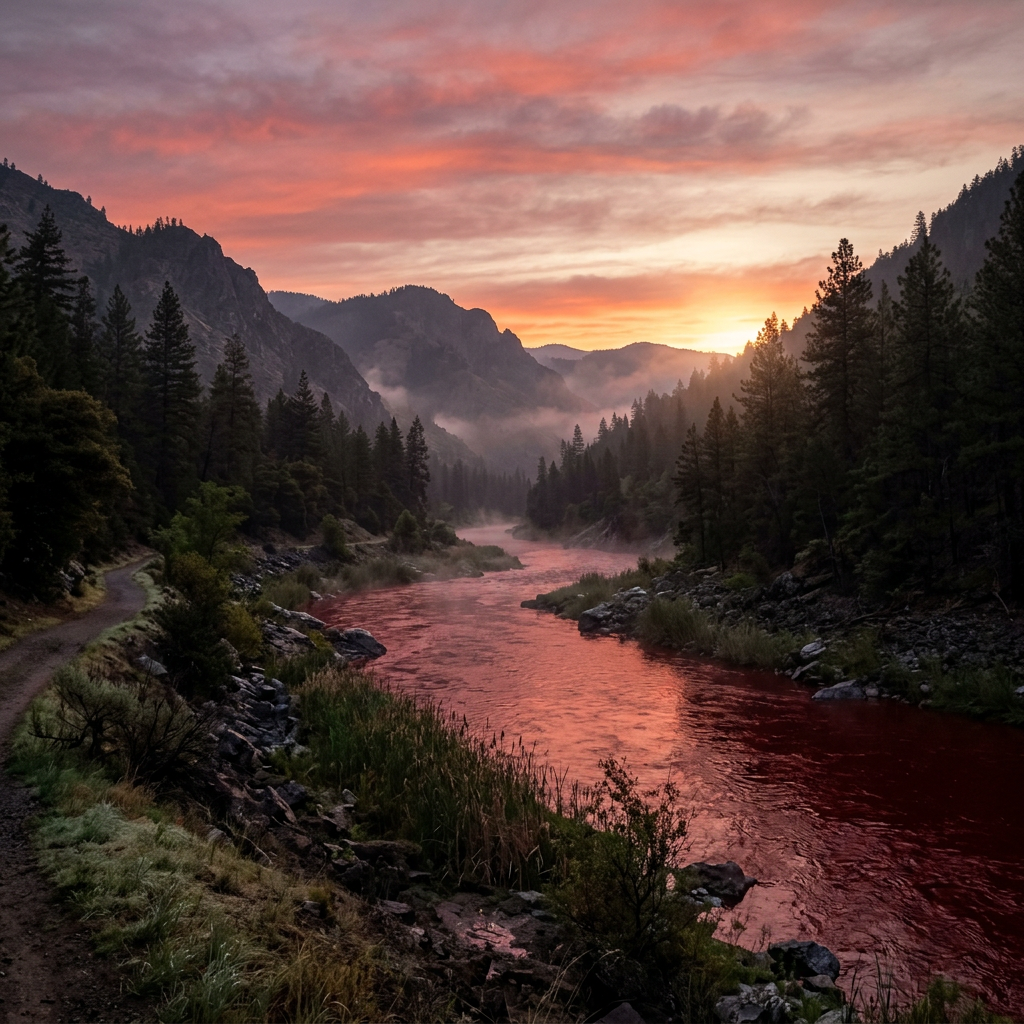 Mountain river at sunset with orange sky and pine trees