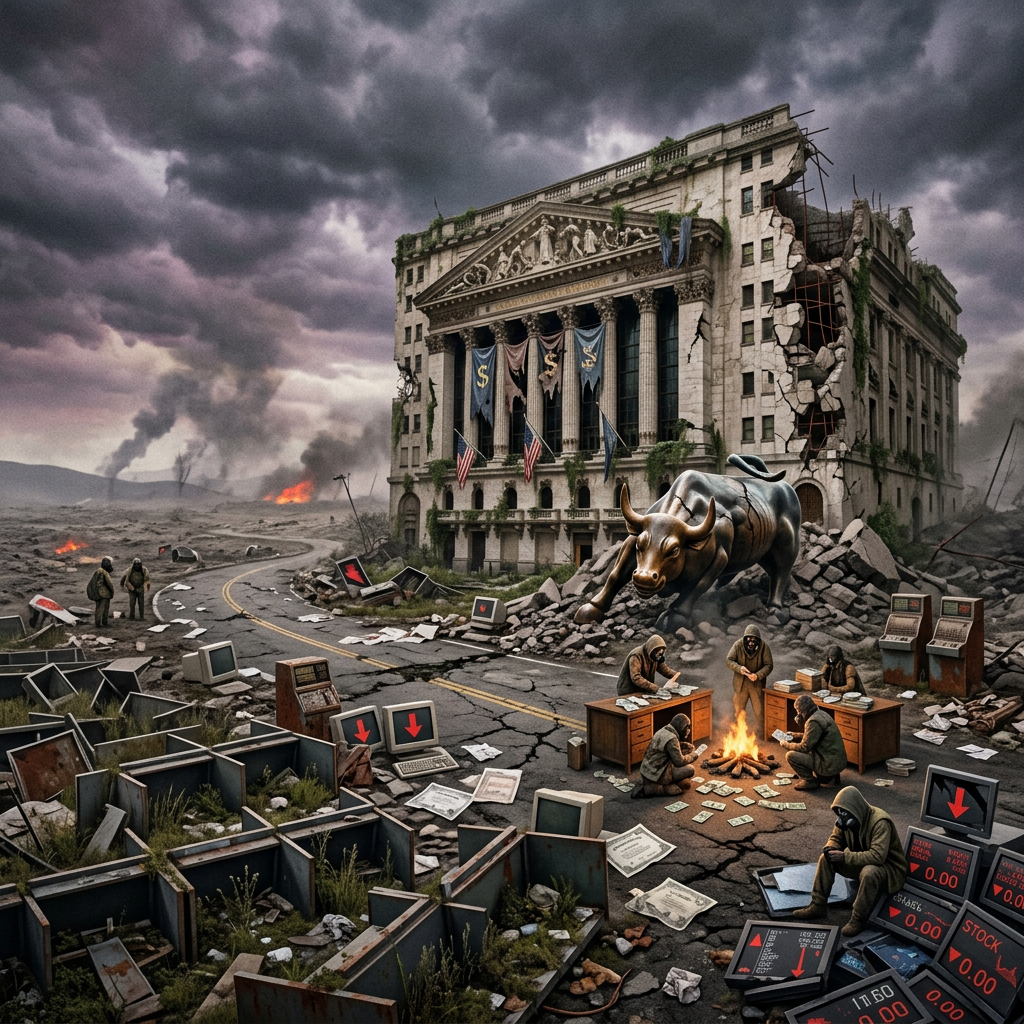 Ruined stock exchange building with bull statue, destroyed computer monitors, and people gathering around a fire in a desolate landscape