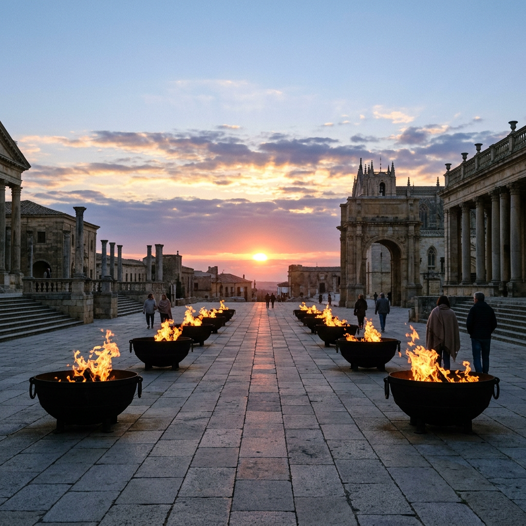 Historic plaza with two rows of fire bowls and people walking during sunset