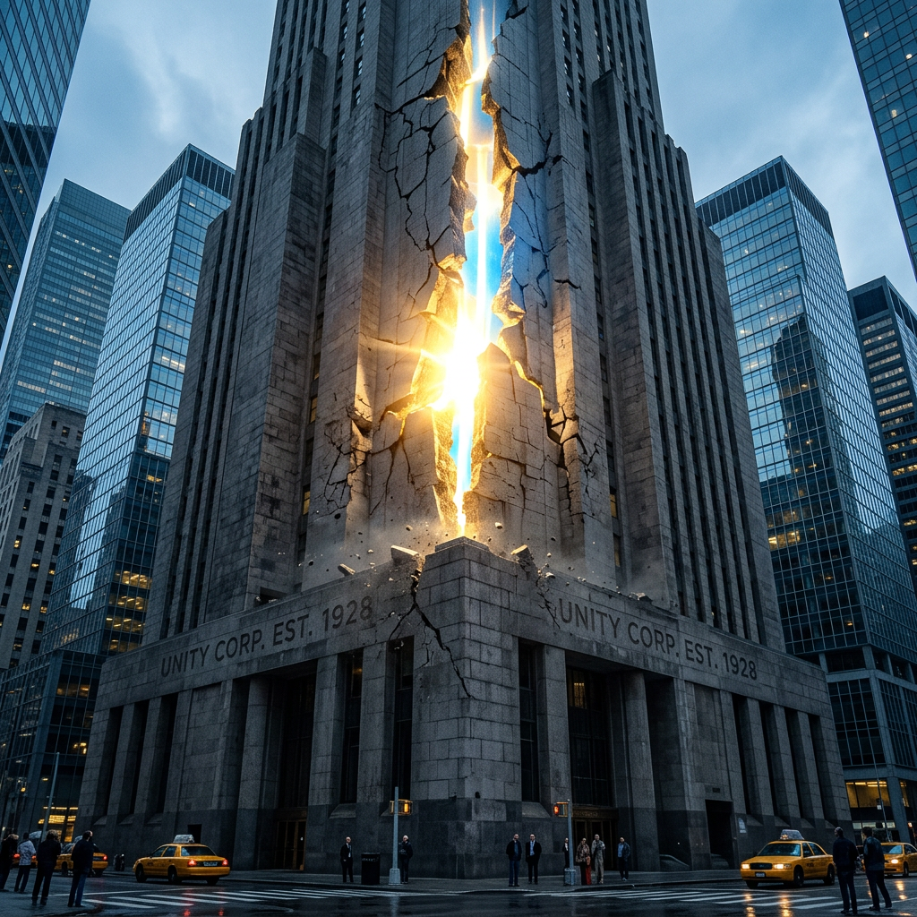 Skyscraper cracked open with sunlight bursting through the center