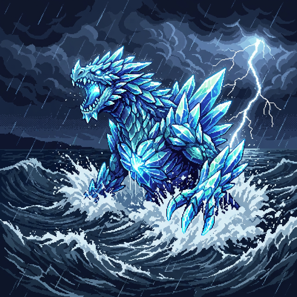 Pixel art of an ice-covered monster roaring in stormy sea with lightning