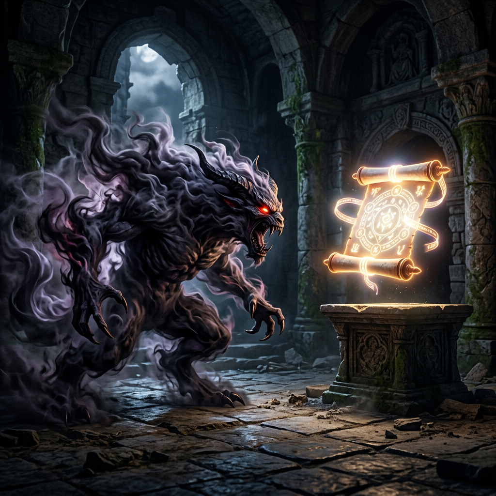 Shadowy monstrous creature with red eyes confronting glowing magical scroll in stone ruins