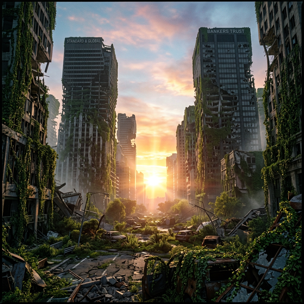Abandoned city street with crumbling skyscrapers covered in vines and vegetation at sunrise