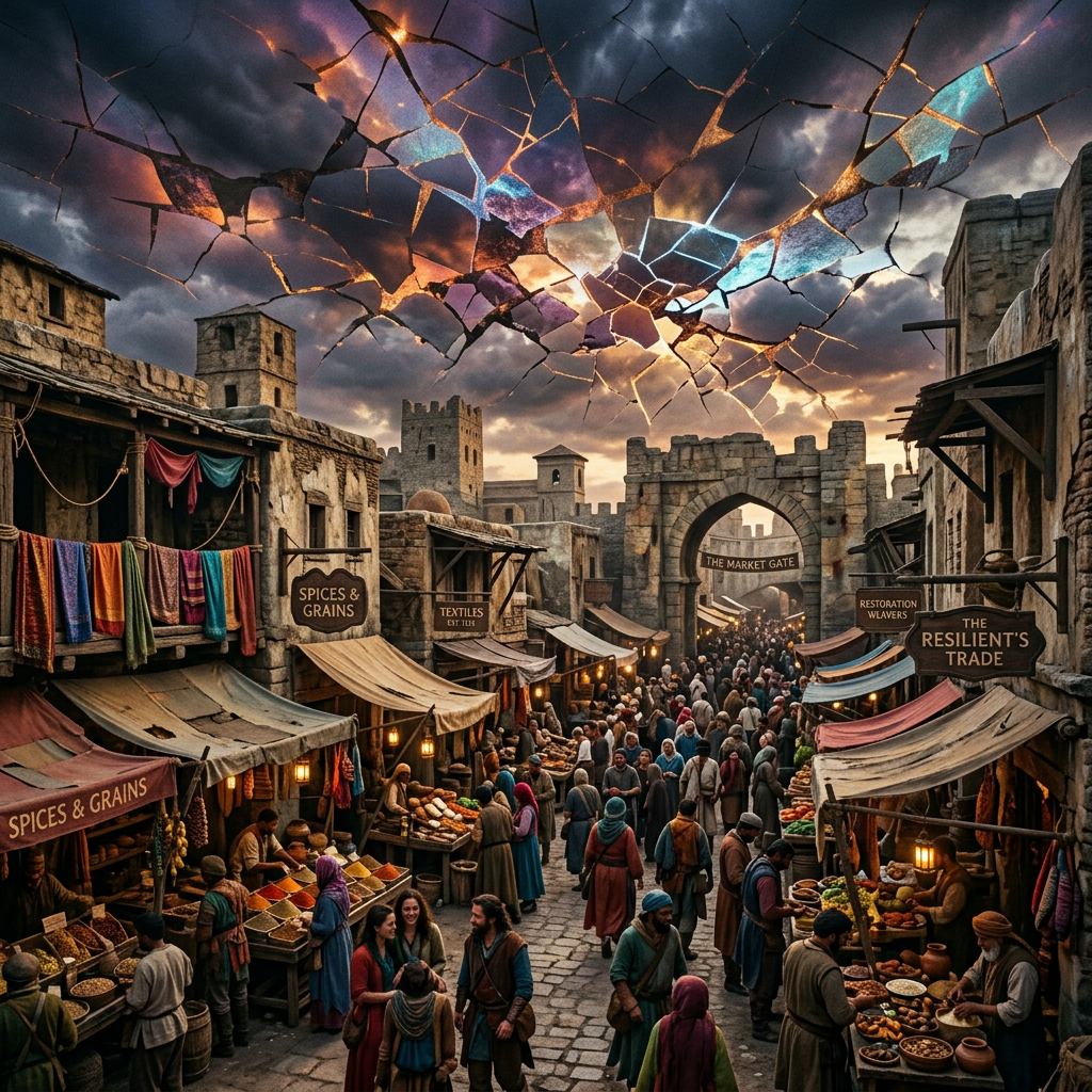 Crowded ancient marketplace with spice and grain stalls beneath a large arched stone gate and a shattered, colorful sky above.