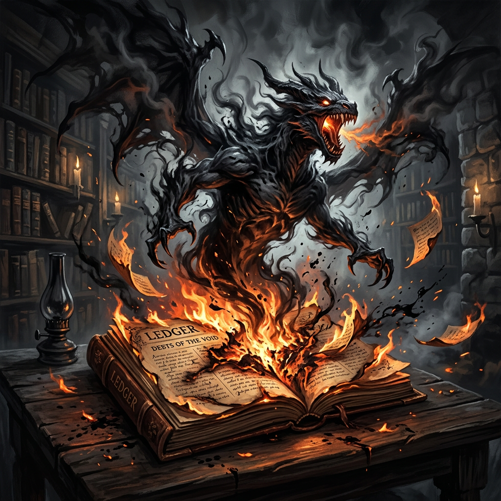 Dark demonic figure with fiery eyes and mouth rising from an open burning book titled 'Ledger: Deeds of the Void'