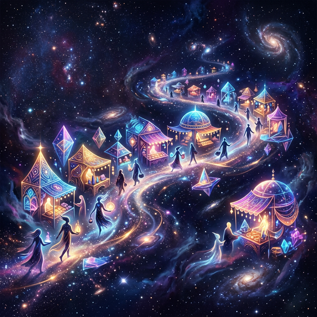 Figures walking along a glowing stardust path with luminous market stalls in a colorful galaxy