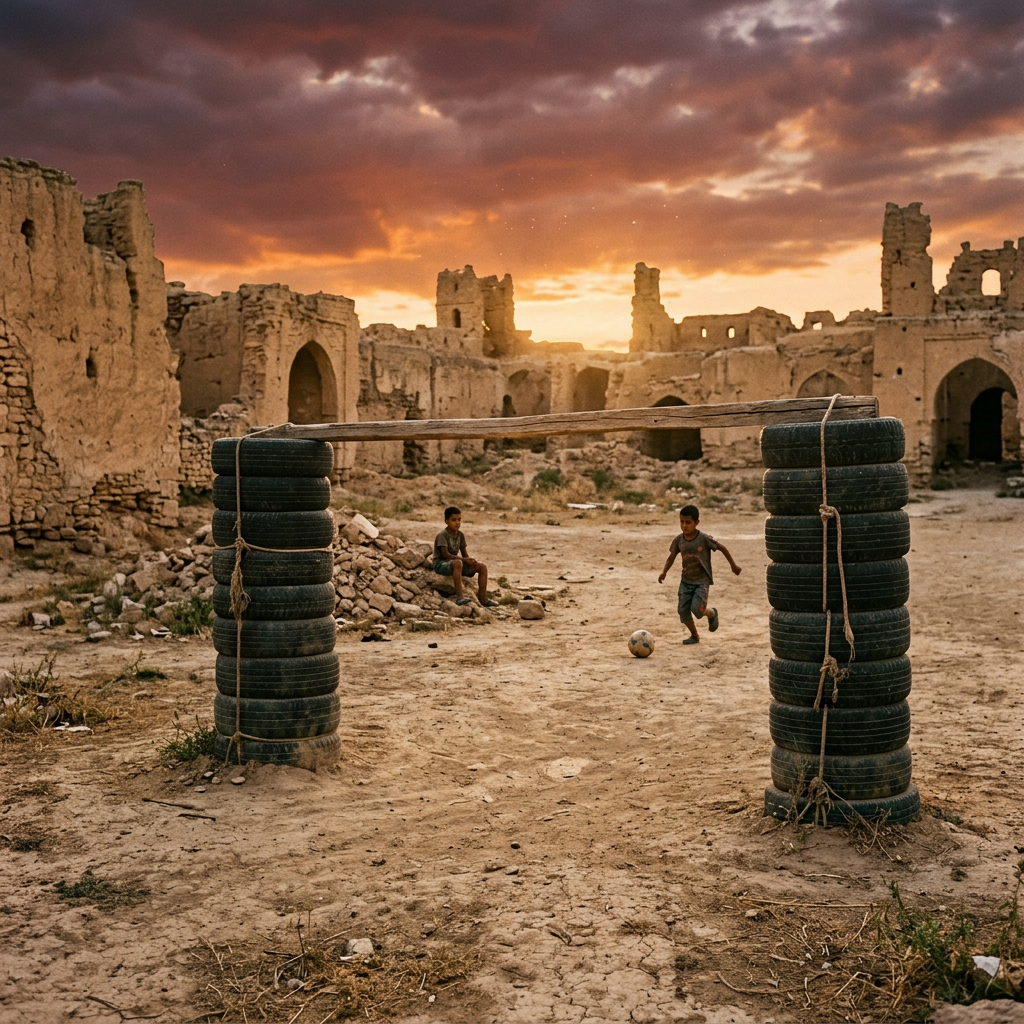 Two children playing soccer with makeshift goalposts made of stacked tires and wooden plank in a dusty area with crumbling ruins, under a dramatic sunset sky.