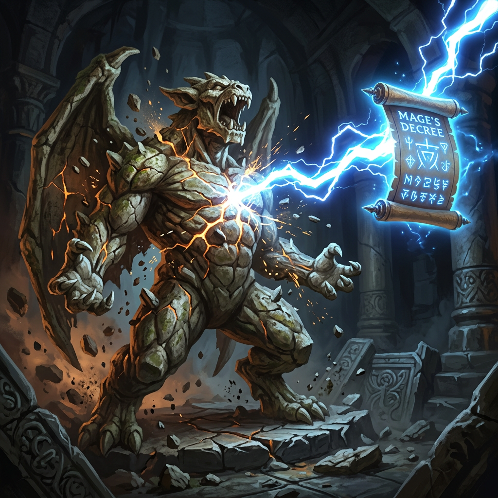 Stone gargoyle statue shattered by blue magical energy from a glowing scroll