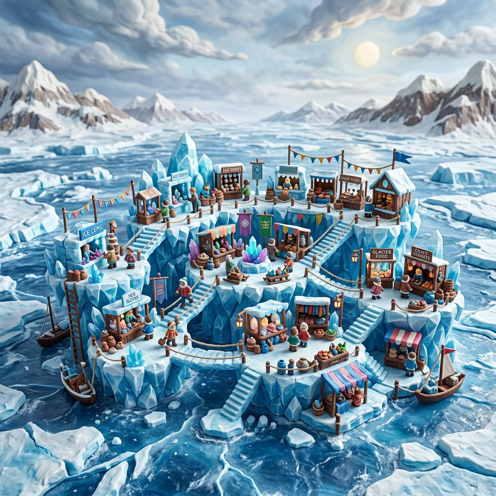 Miniature market with stalls and people on an icy circular cliff surrounded by frozen sea and snow-capped mountains