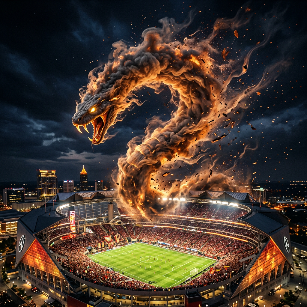 Fiery dragon composed of smoke and flames hovering over a soccer stadium at night