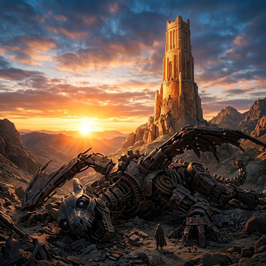A large rusted mechanical dragon lying on rocky ground with a lone cloaked figure nearby and a tall stone tower in the background at sunset