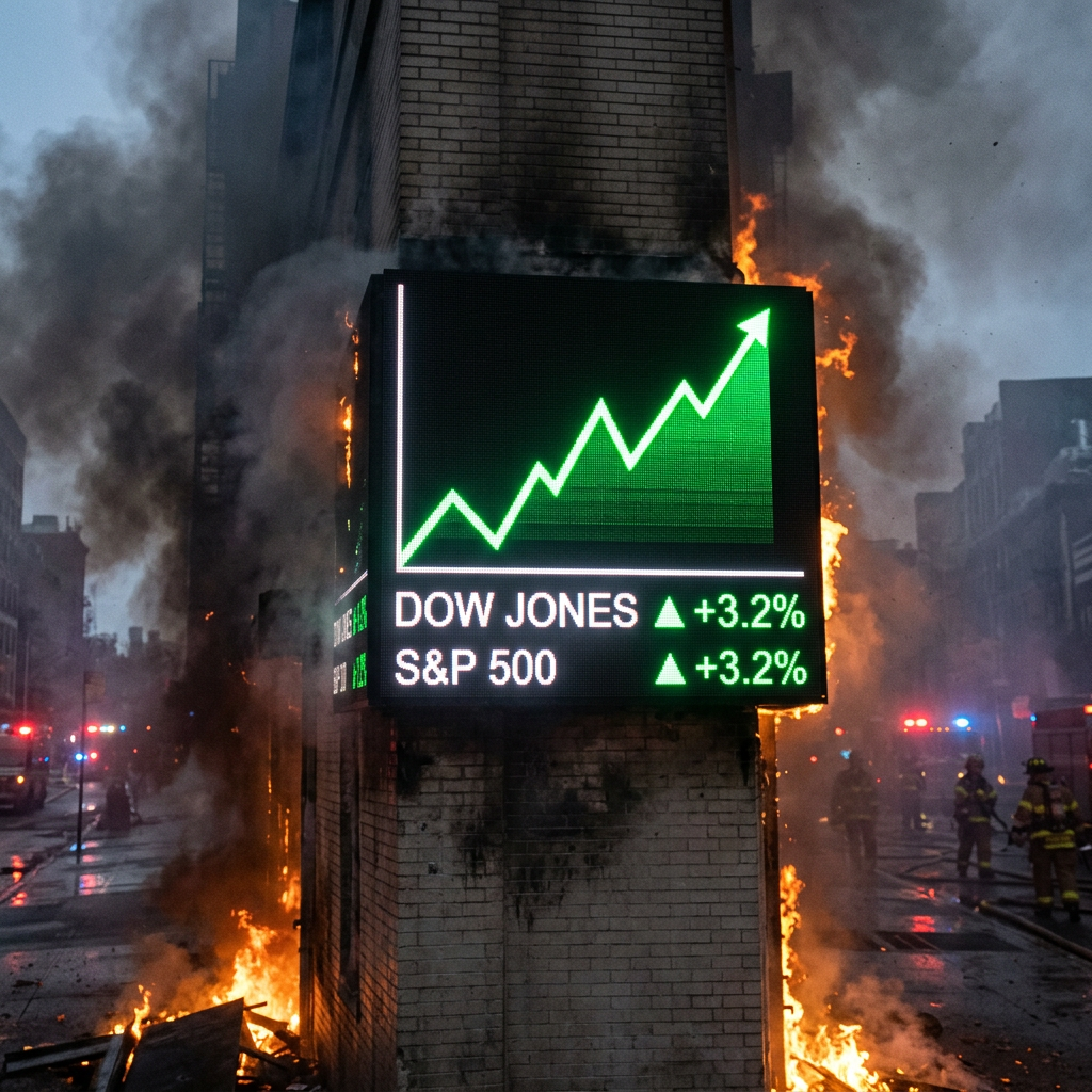Stock market screen showing Dow Jones and S&P 500 up 3.2% with fire and smoke around a building