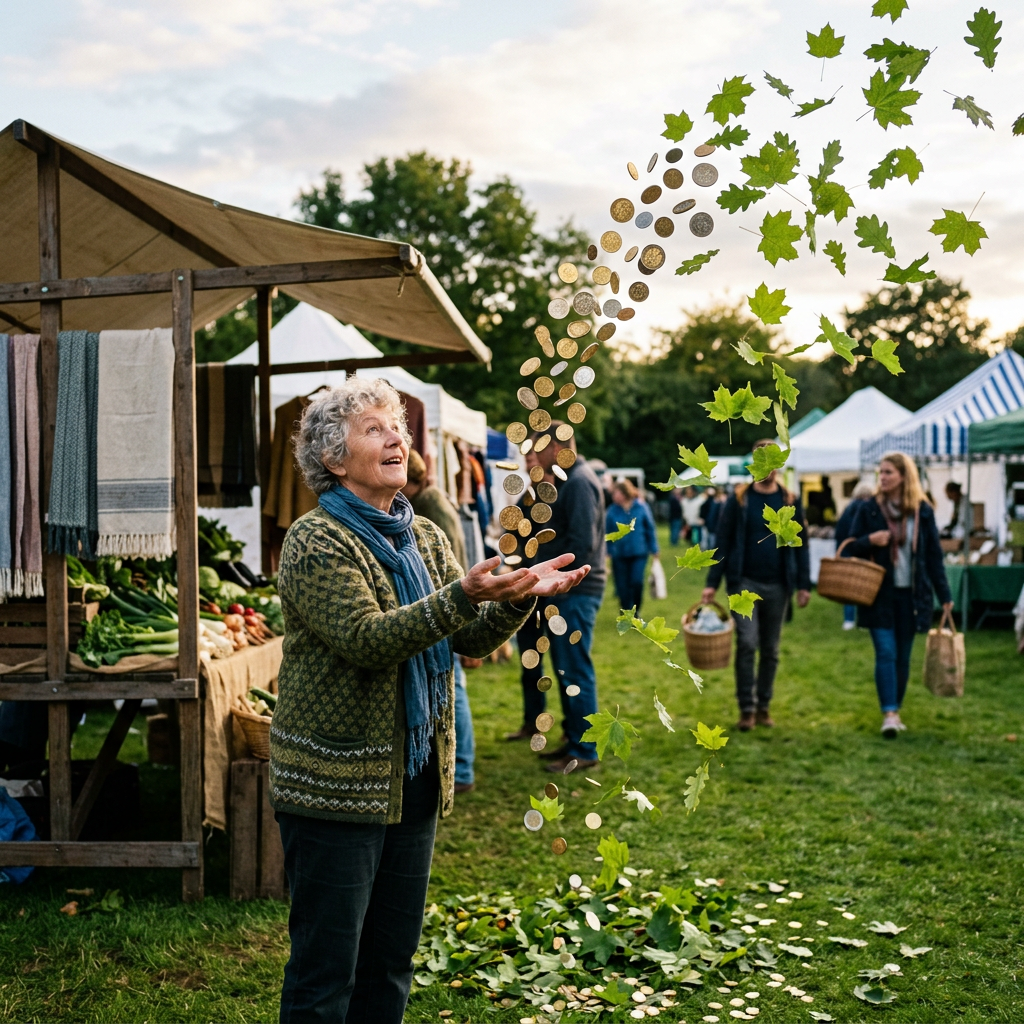 Elderly woman tossing leaves and coins at outdoor market stalls