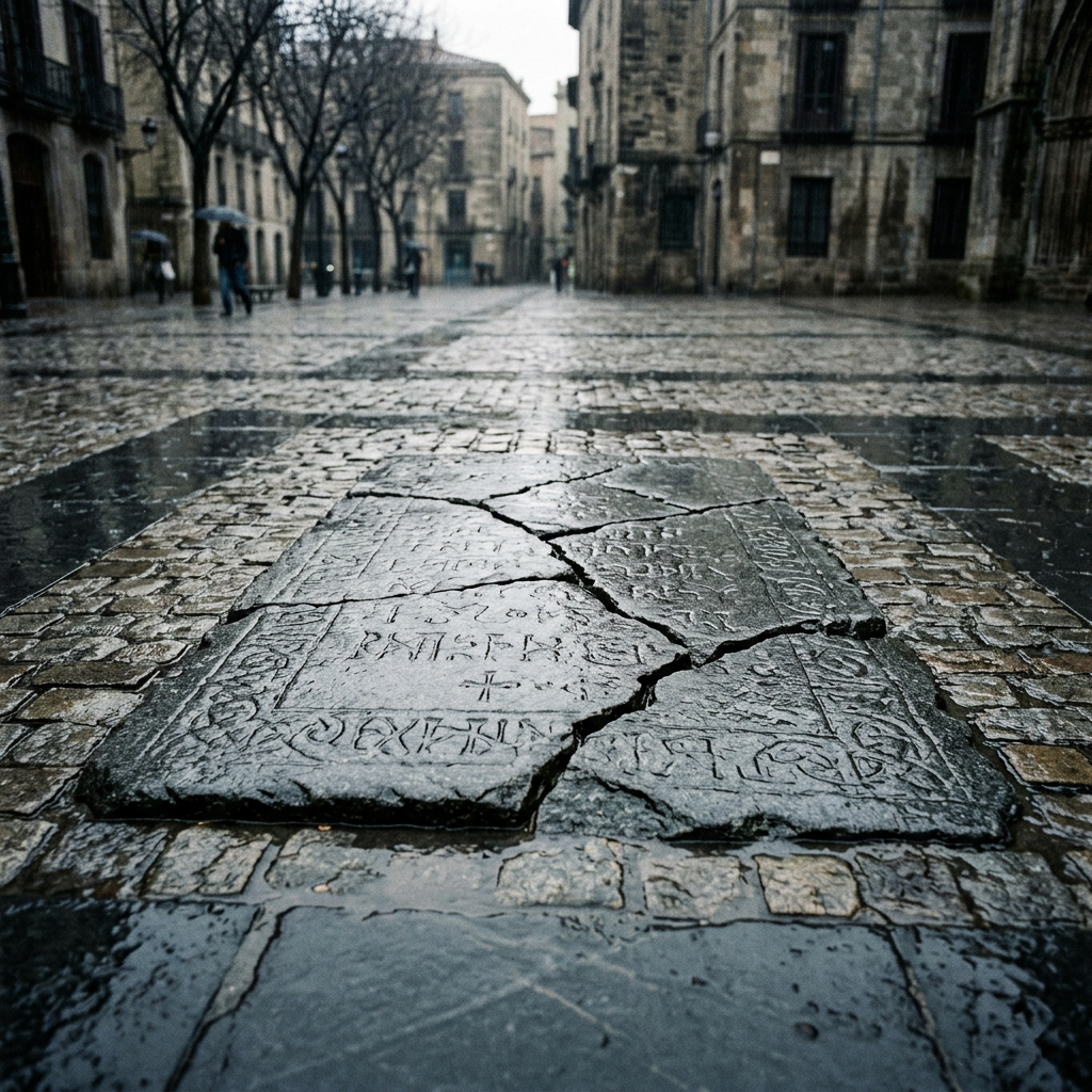Cracked stone plaque with inscriptions set in wet cobblestone plaza
