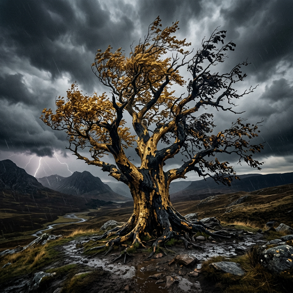 Ancient tree with golden leaves on a rocky hill amid stormy weather and lightning