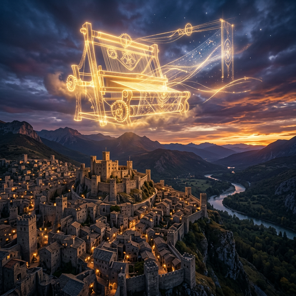 Glowing golden loom hologram floating above medieval fortress at sunset