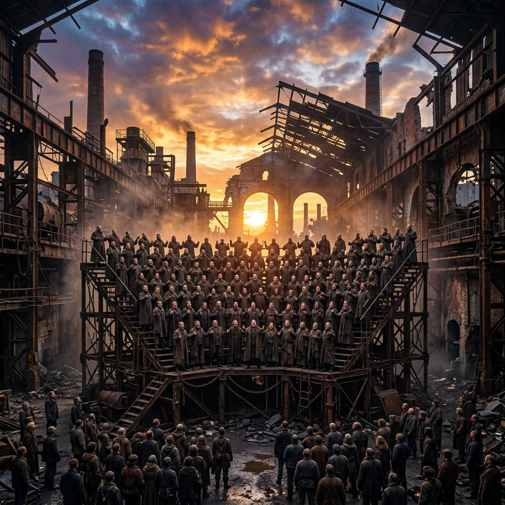 Large choir of people singing on tiered platform inside a dilapidated industrial building at sunset
