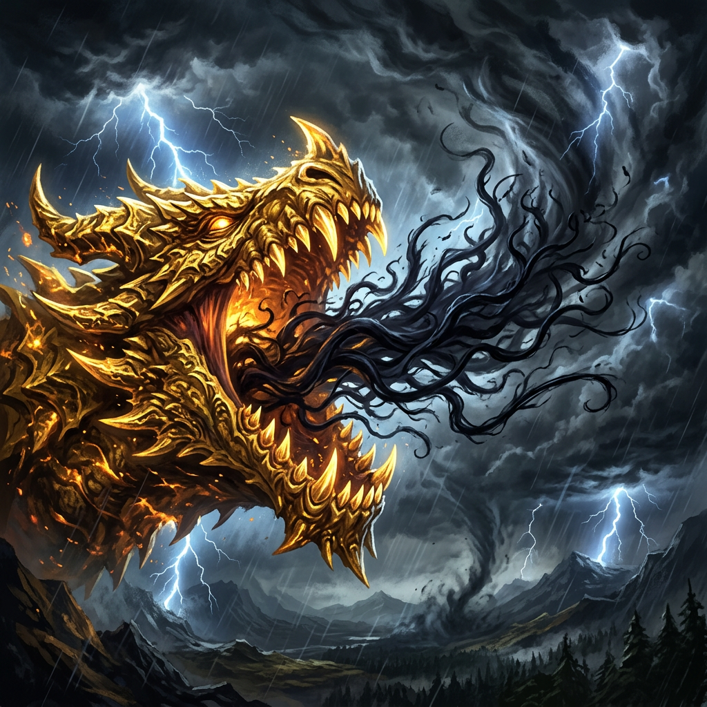 Golden dragon with open mouth releasing dark swirling smoke and lightning storm