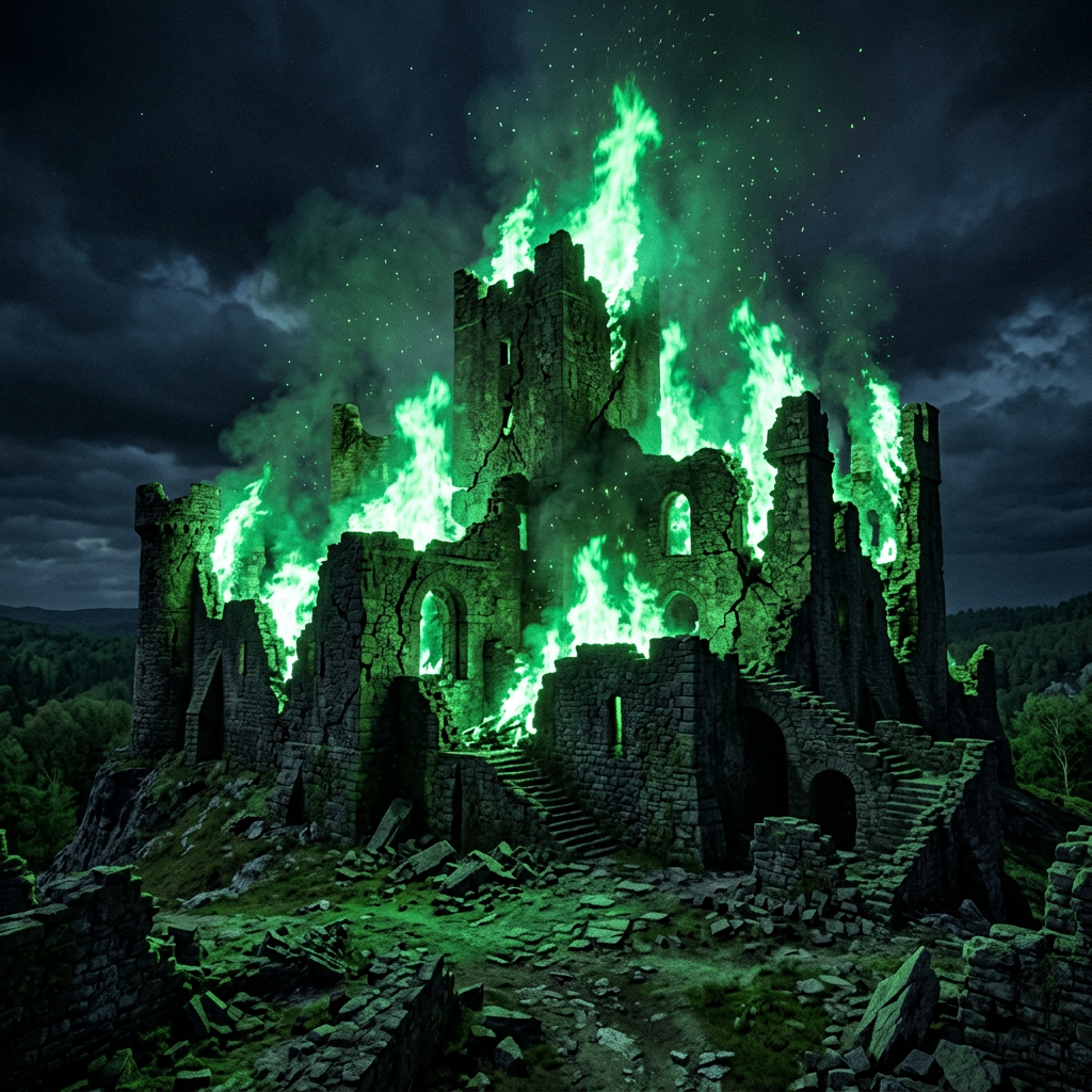 Ruined stone castle on fire with vivid green flames at night