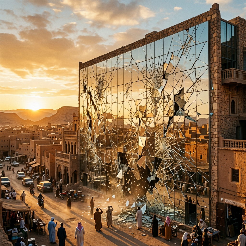Building with shattered glass facade reflecting sunset over desert town