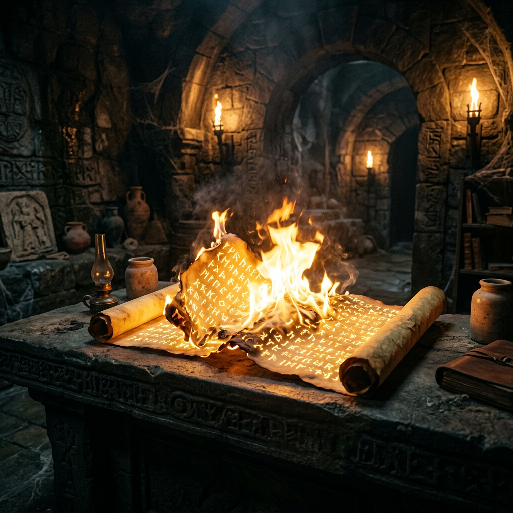 An ancient scroll inscribed with runic symbols burning on a stone altar in a torch-lit crypt
