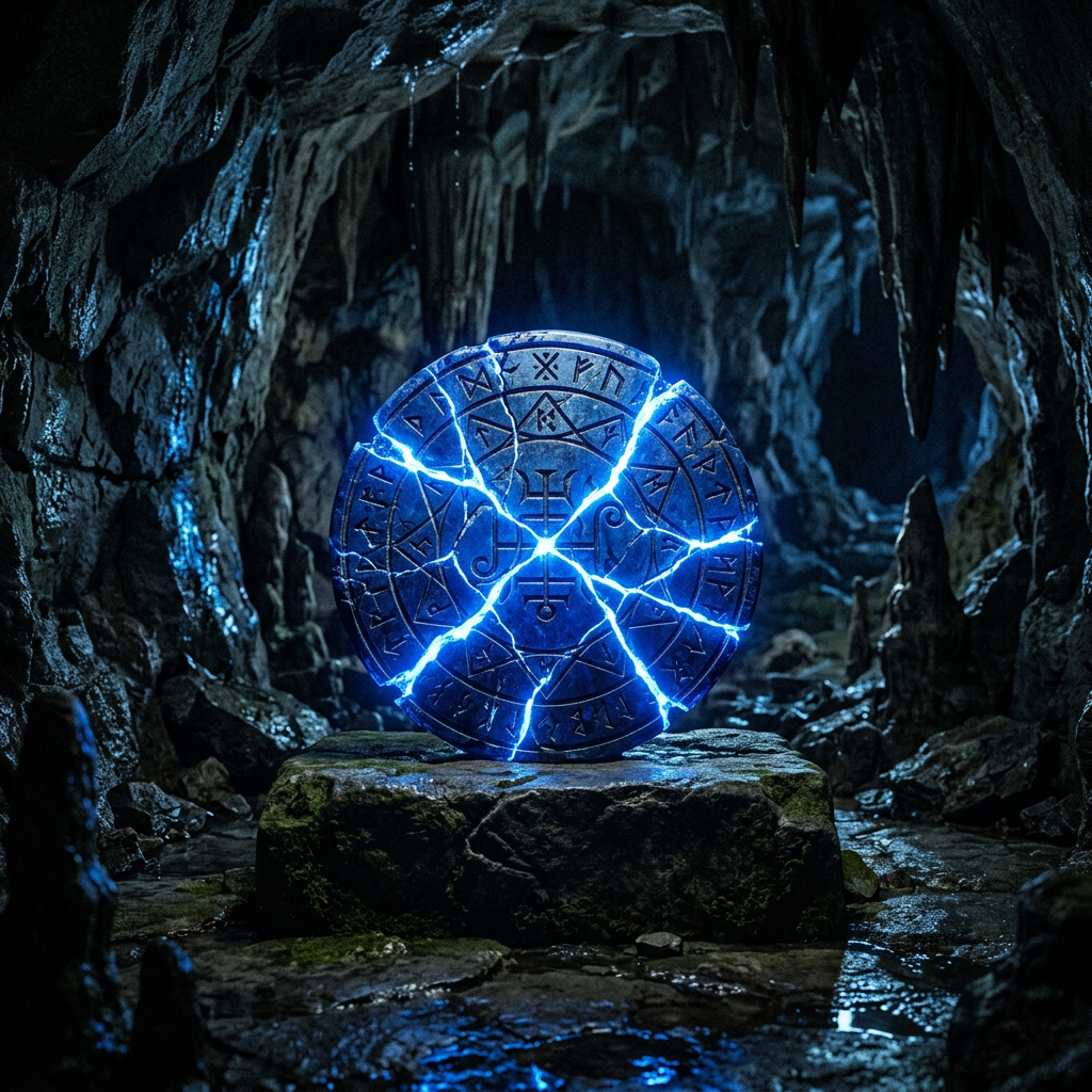 Circular rune stone glowing blue with cracks in a rocky cave