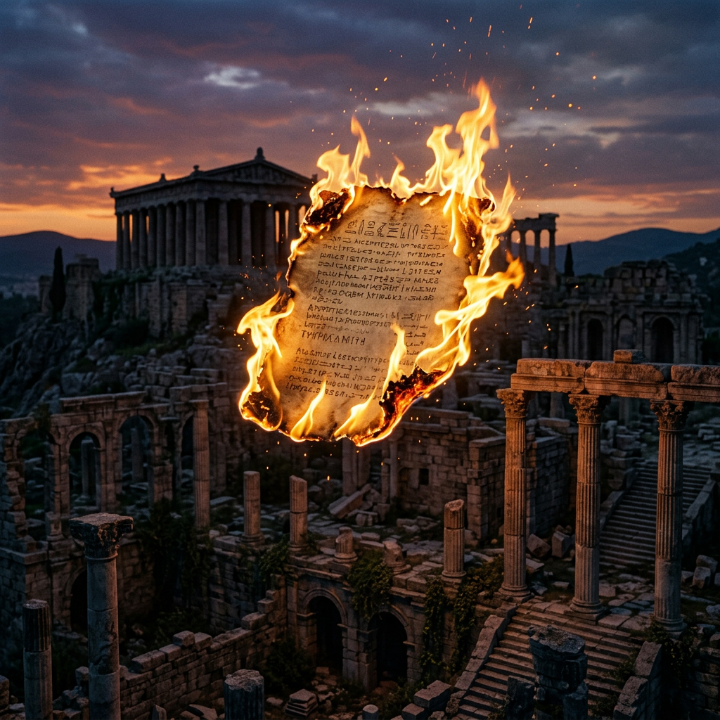 Burning ancient manuscript with Greek ruins in background at sunset