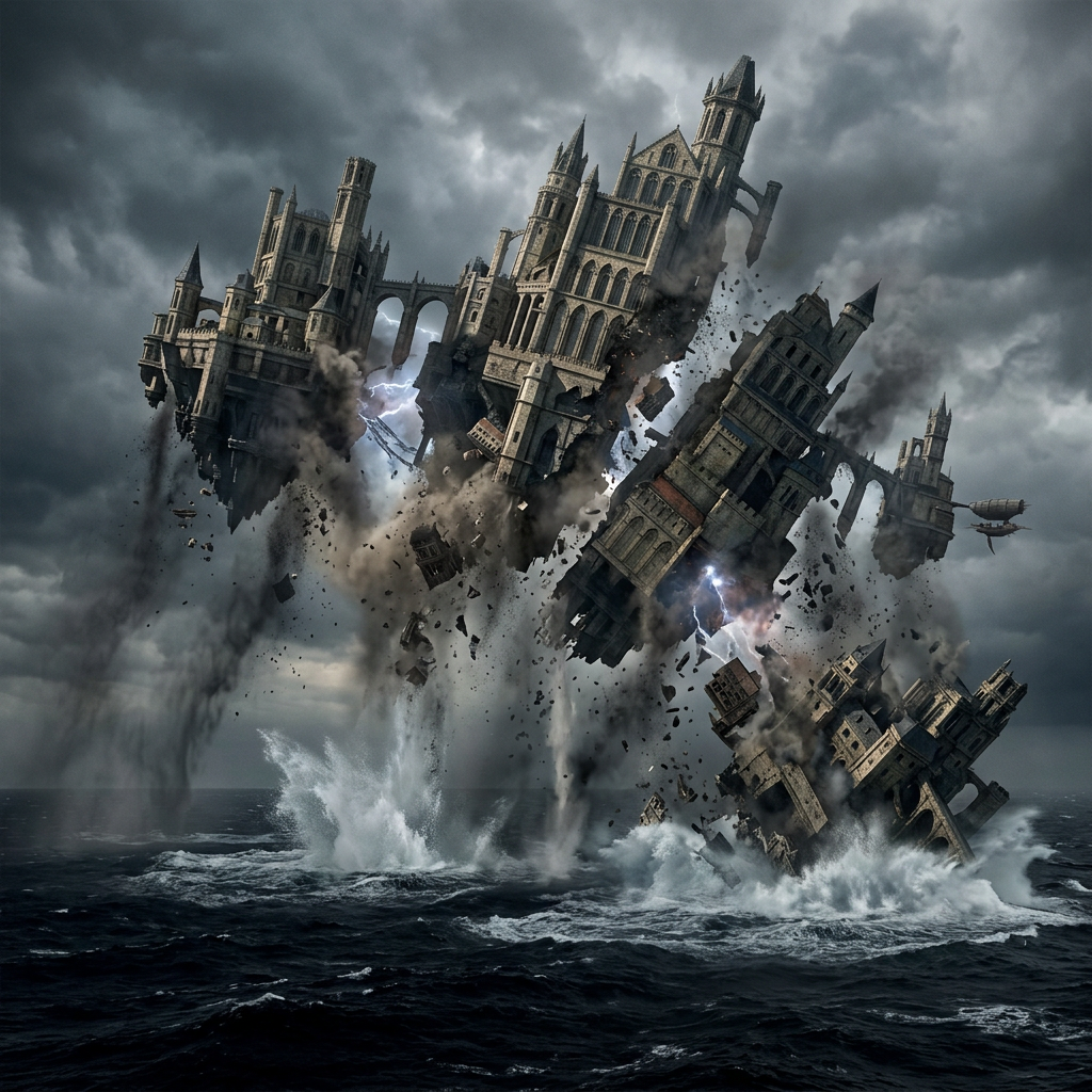 Medieval castles breaking apart and falling into stormy sea with dark clouds and lightning