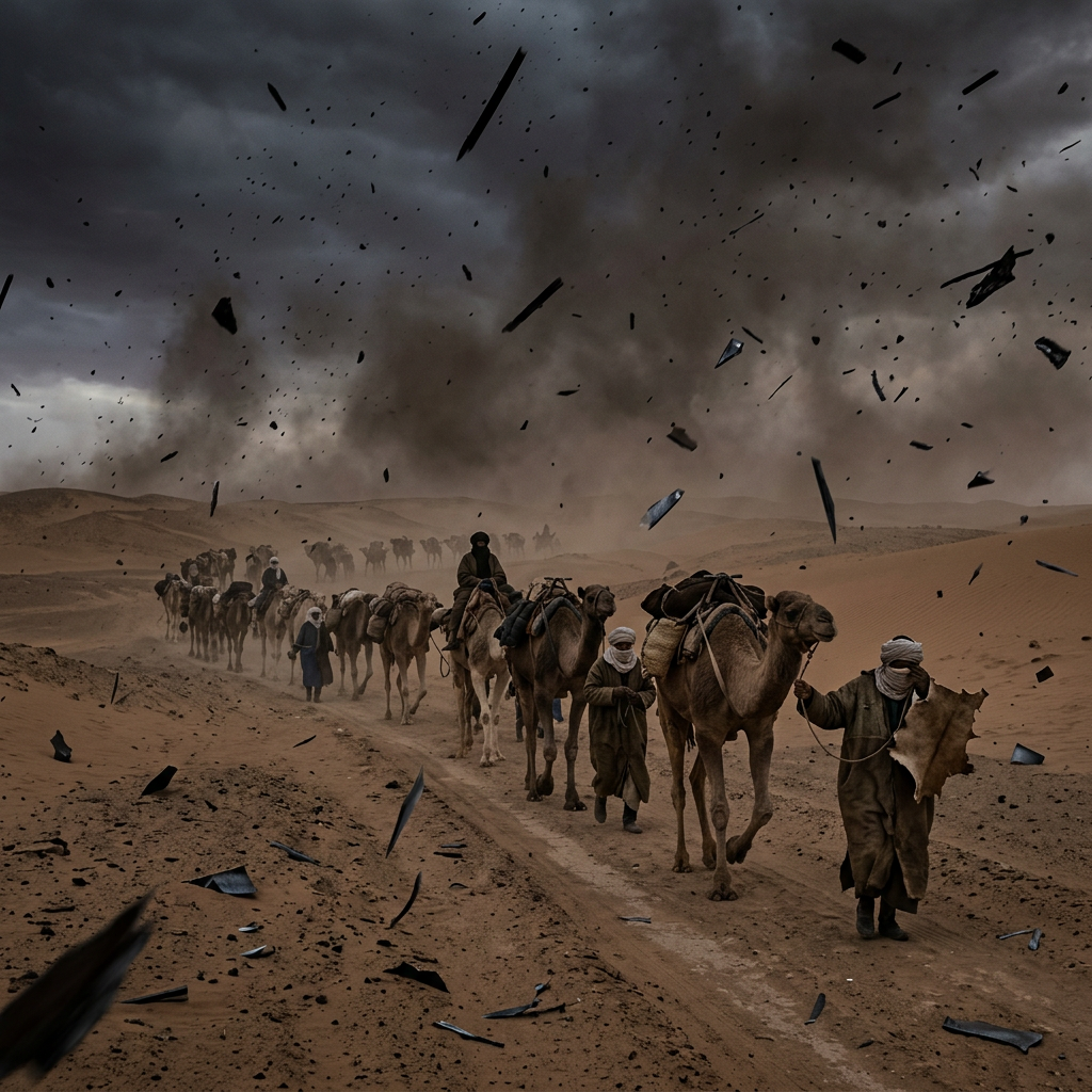 Caravan of camels and people walking in desert during storm with flying debris