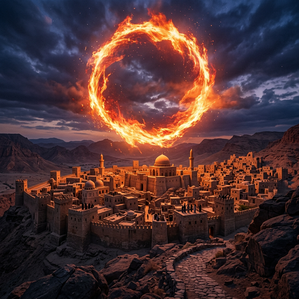 Ancient fortified city surrounded by mountains with a large ring of fire hovering in the cloudy sky.